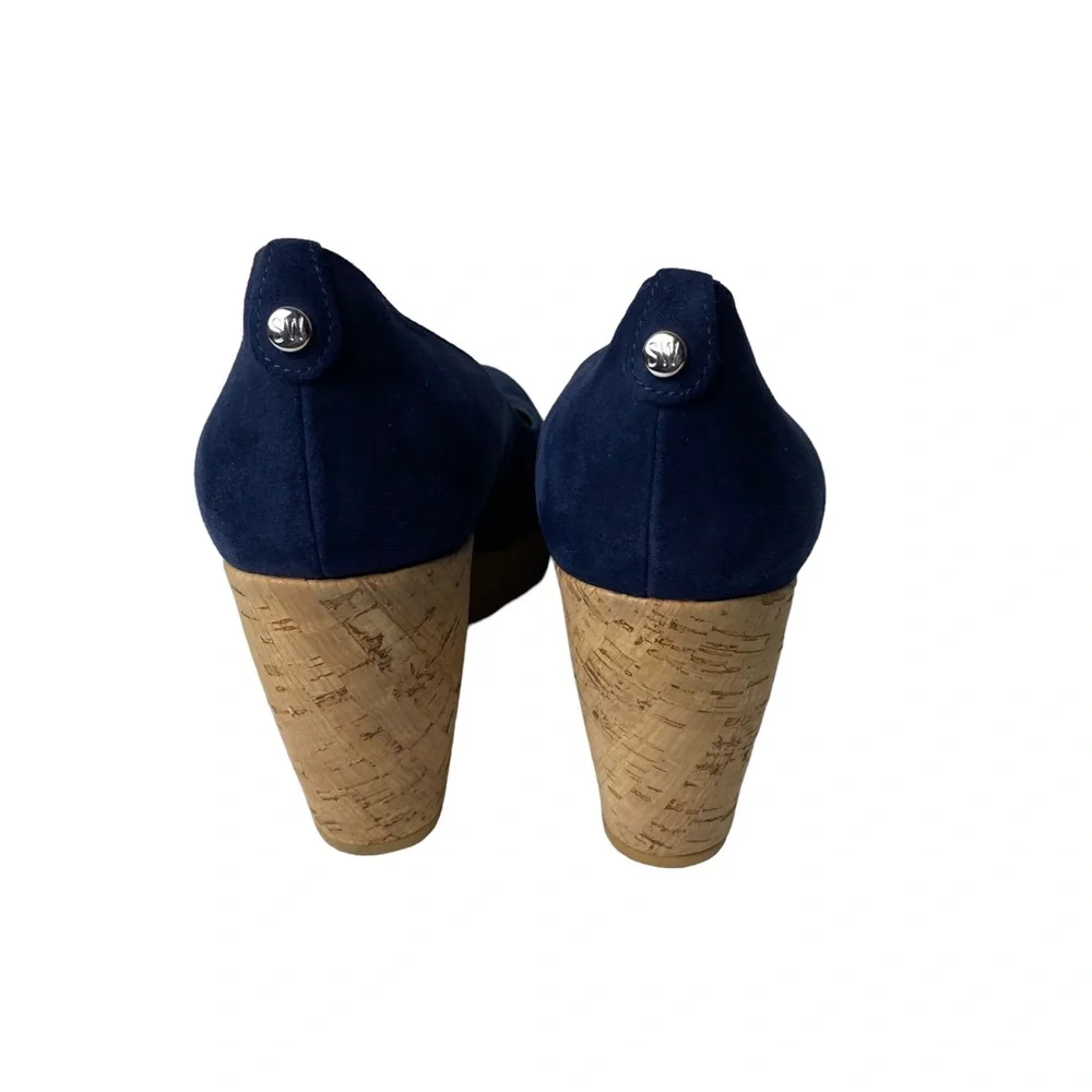 Stuart Weitzman Navy Suede Cork Wedge Pumps - Picture 9 of 11